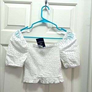 WHITE Crop top ruffles and eyelets. NWT. Perfect for summer.